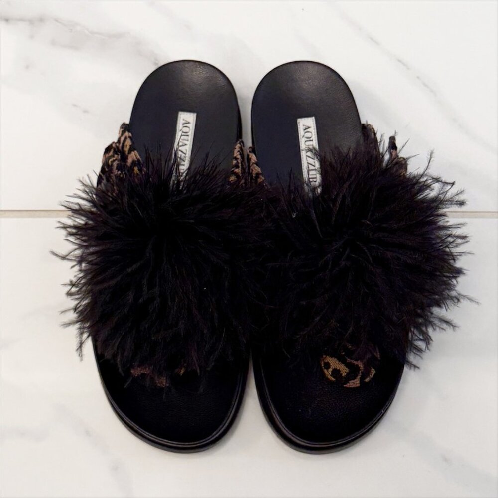 Aquazzura Boudoir Feather-Trimmed Black Animal Print Thong Sandals 7.5 - Picture 4 of 11